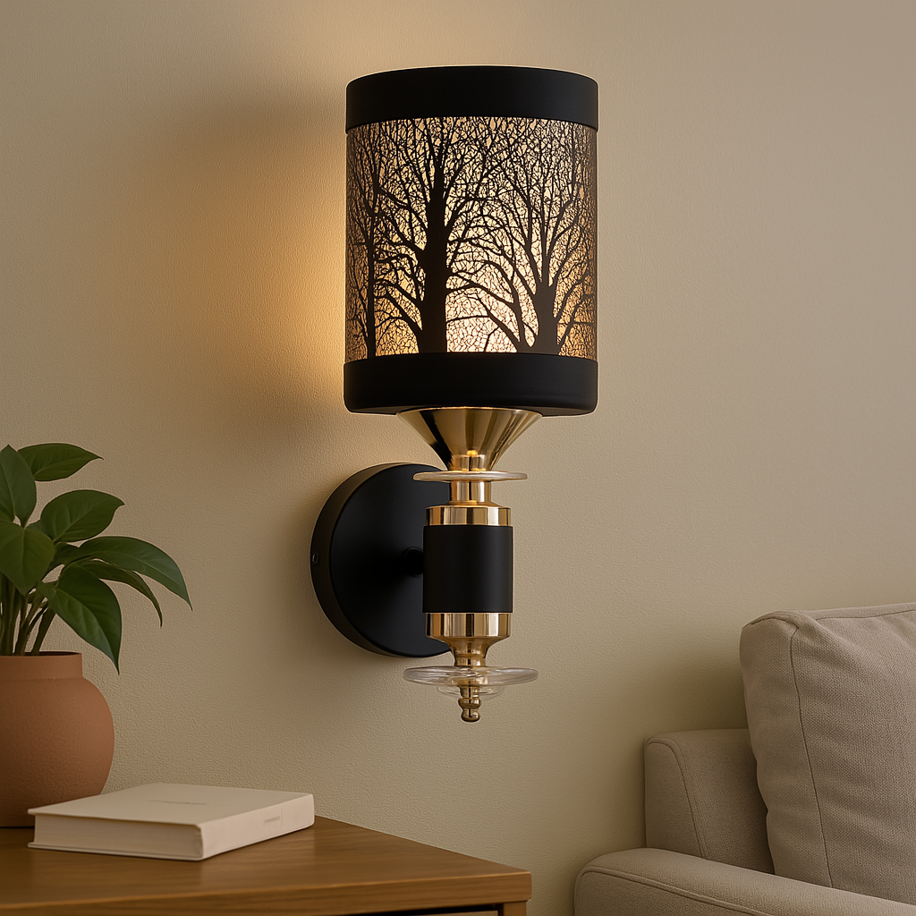Homes Elite Modern Black & Gold Wall Sconce with Tree Pattern Shade Ambient Decorative Light Fixture for Bedroom or Hallway