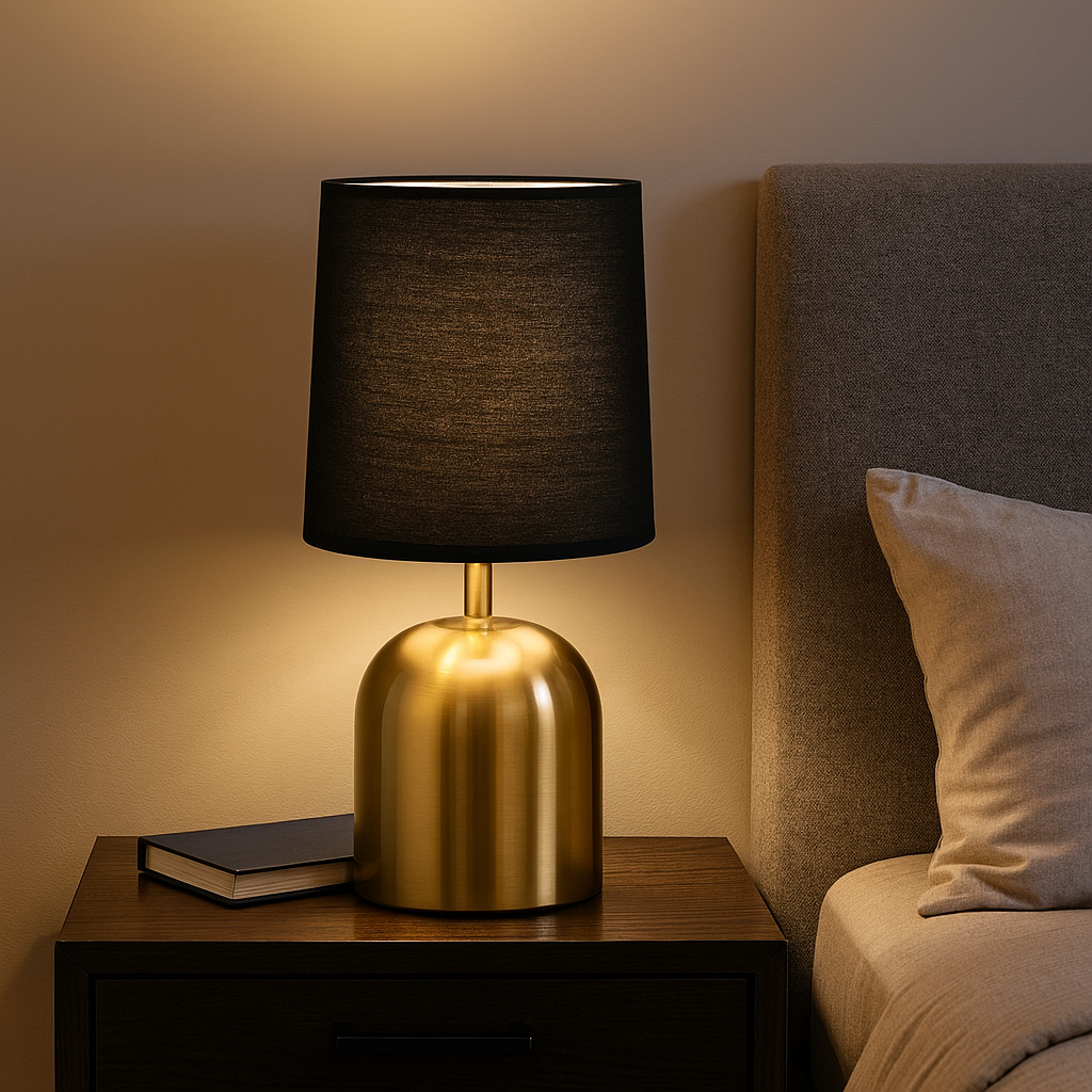 Homes Elite Modern Brass Table Lamp with Black Fabric Shade Stylish Bedside & Living Room Lighting