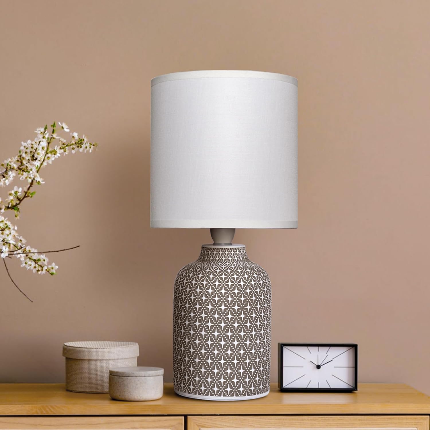 Homes Elite Modern Ceramic Table Lamp with Ribbed Base & Fabric Shade Warm White