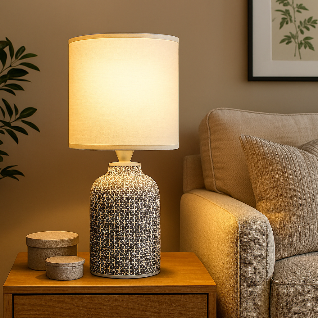 Homes Elite Modern Ceramic Table Lamp with Ribbed Base & Fabric Shade Warm White