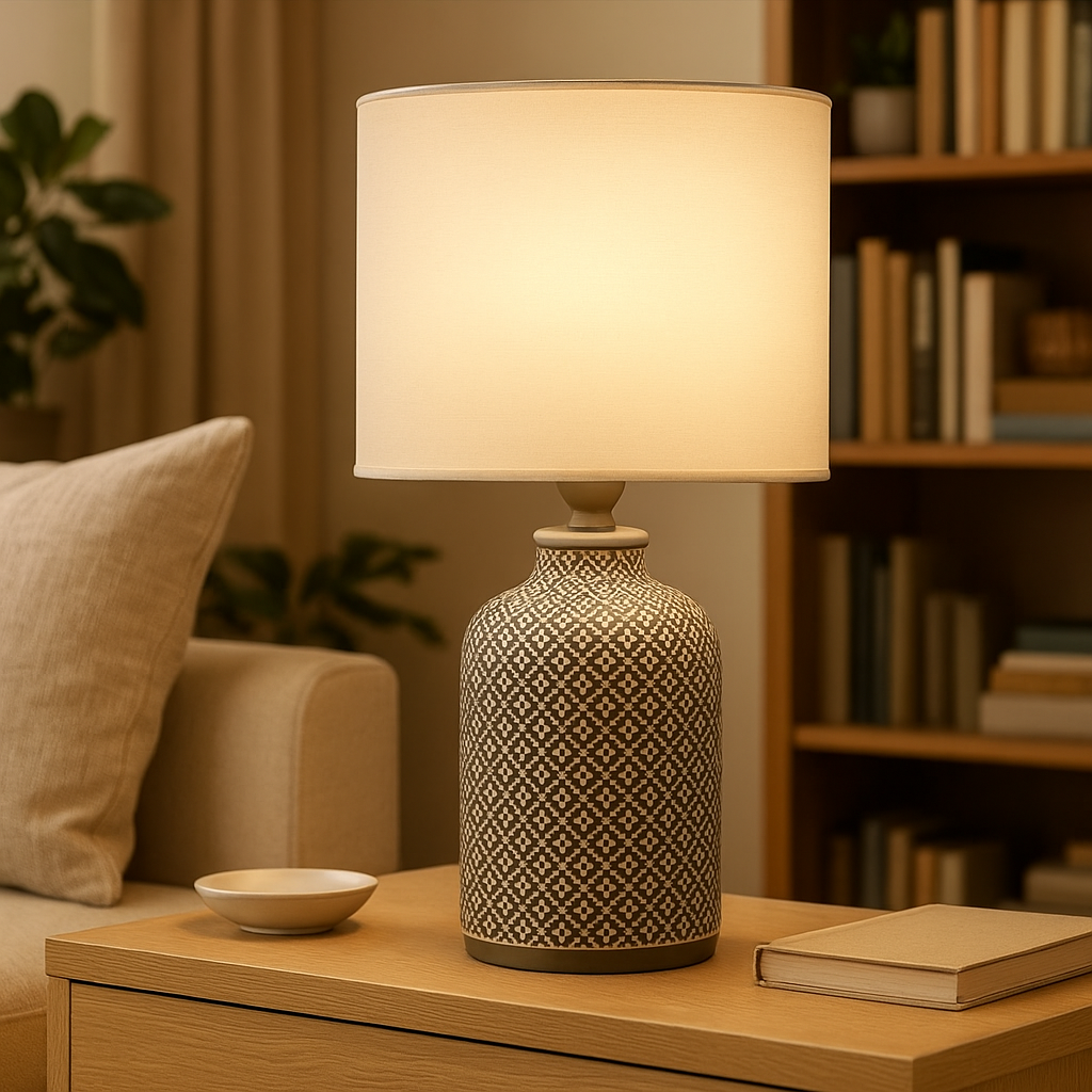 Homes Elite Modern Ceramic Table Lamp with Ribbed Base & Fabric Shade Warm White