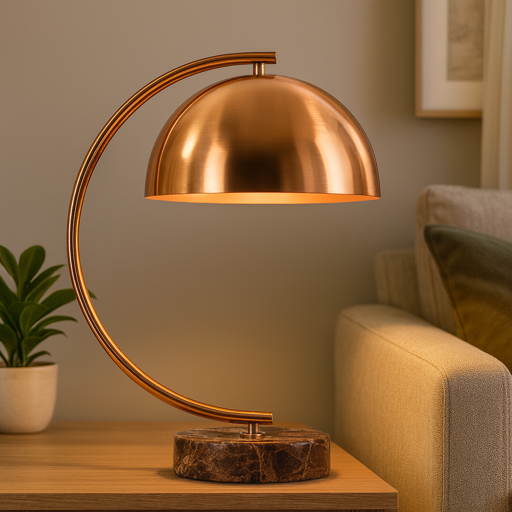 Homes Elite Modern Copper Arc Table Lamp with Dome Shade & Marble Base