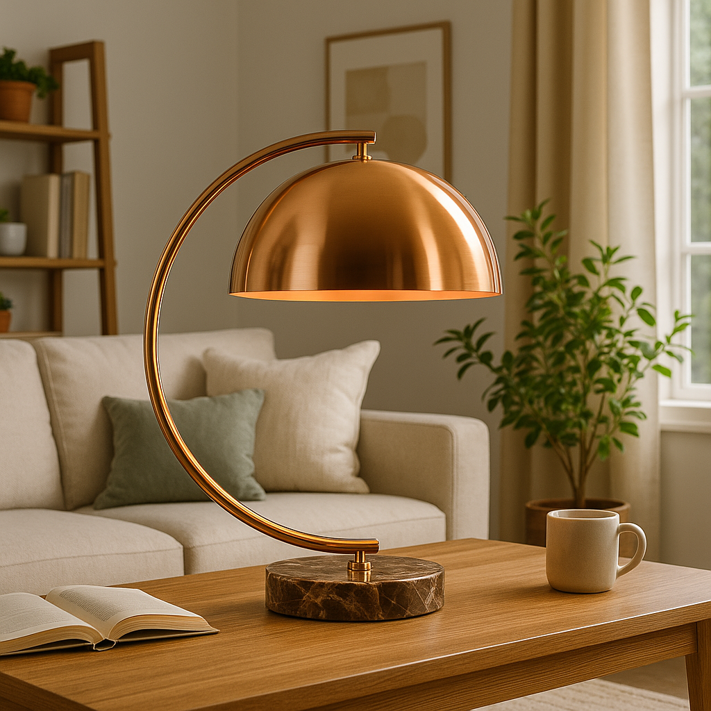 Homes Elite Modern Copper Arc Table Lamp with Dome Shade & Marble Base