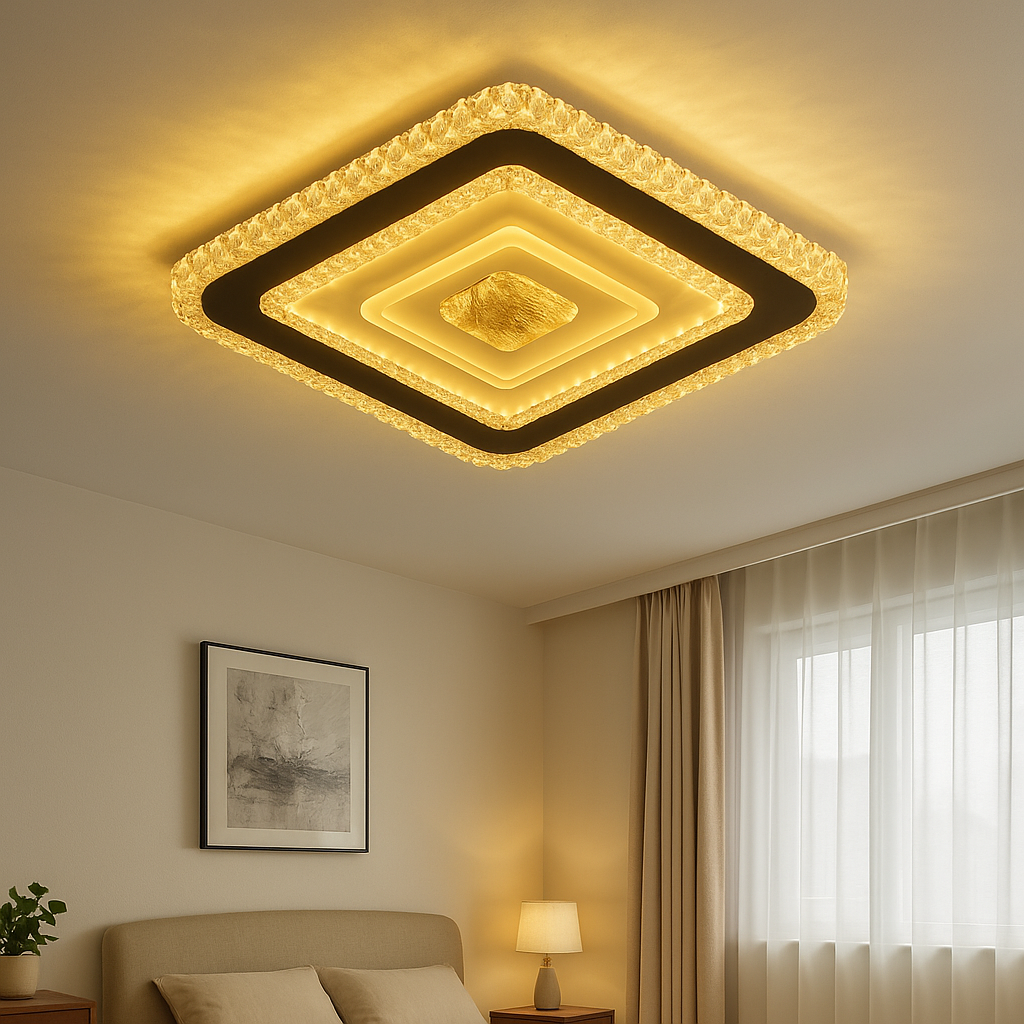 Homes Elite Modern Crystal Square LED Ceiling Light Gold Rim Finish Flush Mount Decorative Fixture for Living Room & Bedroom