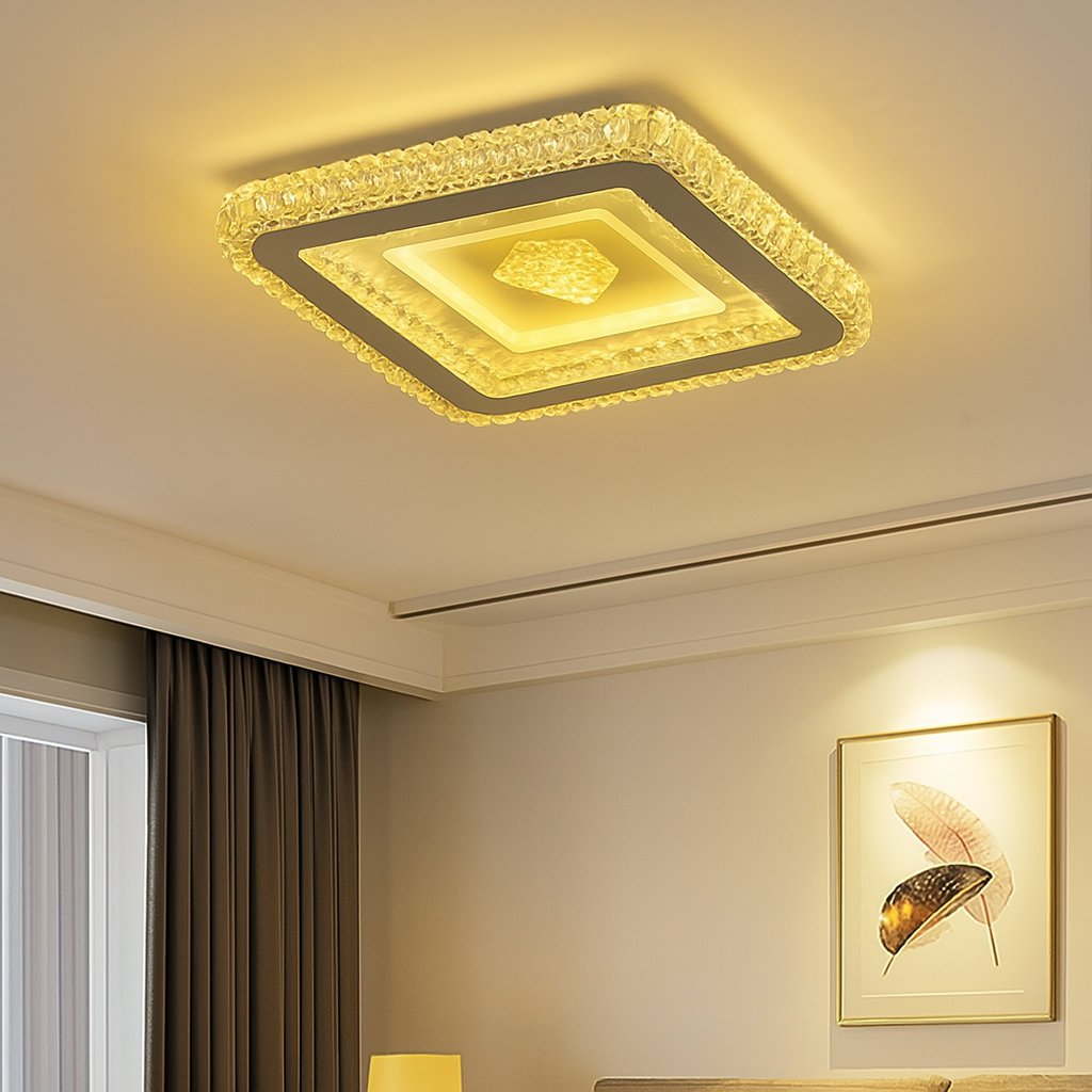 Homes Elite Modern Crystal Square LED Ceiling Light Gold Rim Finish Flush Mount Decorative Fixture for Living Room & Bedroom