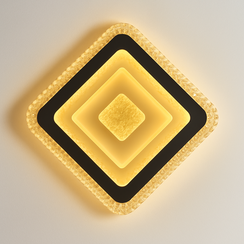 Homes Elite Modern Crystal Square LED Ceiling Light Gold Rim Finish Flush Mount Decorative Fixture for Living Room & Bedroom