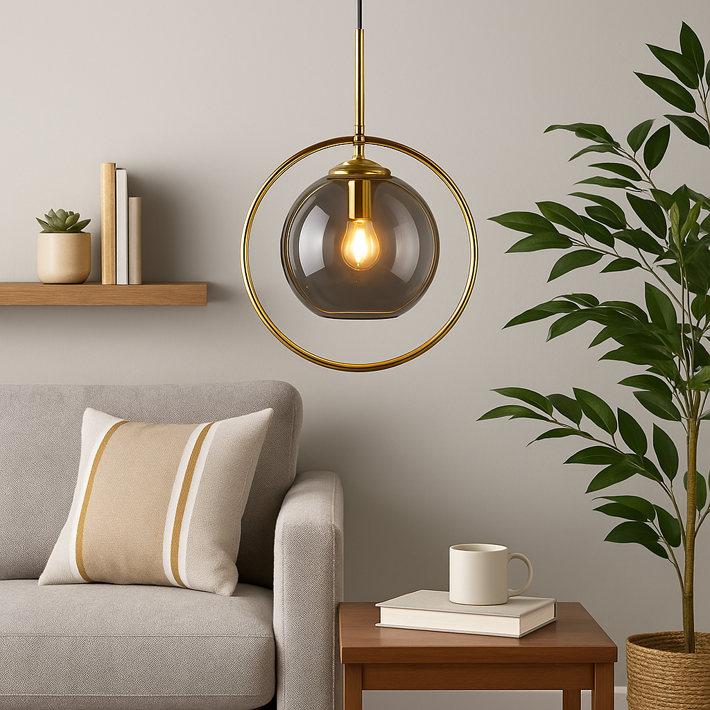 Homes Elite Mid-Century Modern Globe Pendant Light Gold Ring Hanging Lamp with Smoked Glass Shade for Living Room or Lounge