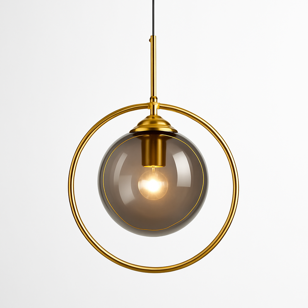 Homes Elite Mid-Century Modern Globe Pendant Light Gold Ring Hanging Lamp with Smoked Glass Shade for Living Room or Lounge