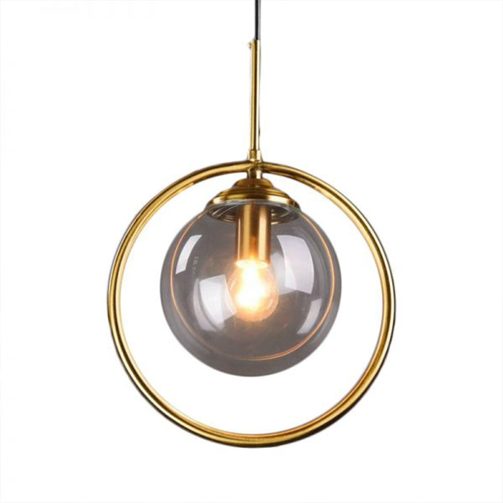 Homes Elite Mid-Century Modern Globe Pendant Light Gold Ring Hanging Lamp with Smoked Glass Shade for Living Room or Lounge