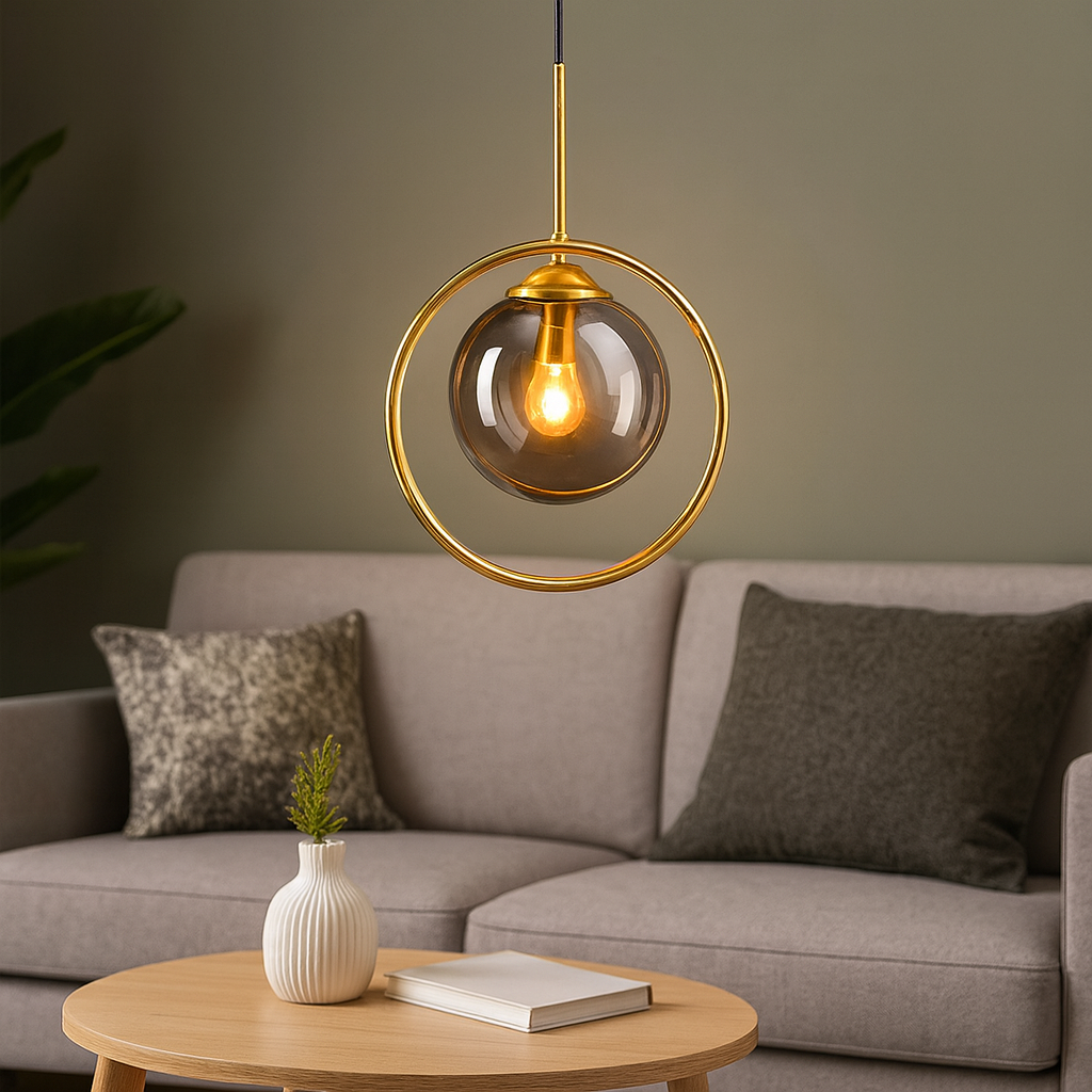 Homes Elite Mid-Century Modern Globe Pendant Light Gold Ring Hanging Lamp with Smoked Glass Shade for Living Room or Lounge