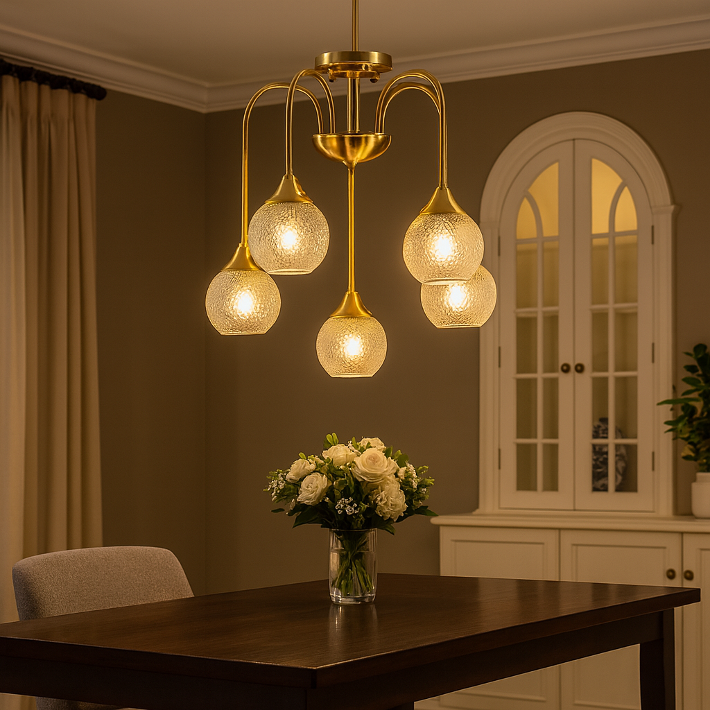 Homes Elite Modern Gold 5-Light Glass Globe Chandelier Elegant Hanging Fixture for Dining & Living Spaces