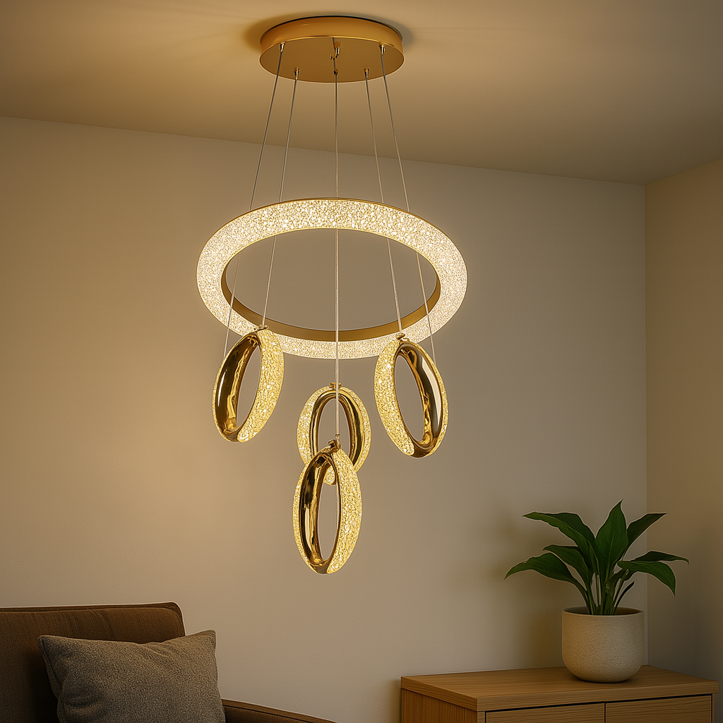 Homes Elite Modern Gold Crystal Ring Chandelier 4 Light Luxury Pendant for Living & Dining