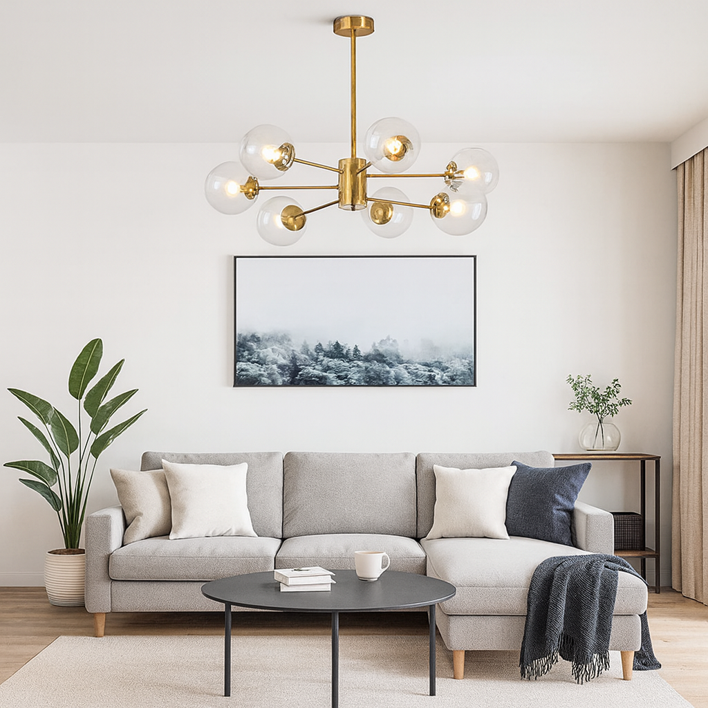Homes Elite Modern Gold Sputnik Chandelier with 8 Globe Glass Lights Mid-Century Statement Ceiling Fixture