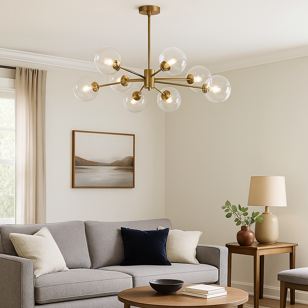 Homes Elite Modern Gold Sputnik Chandelier with 8 Globe Glass Lights Mid-Century Statement Ceiling Fixture