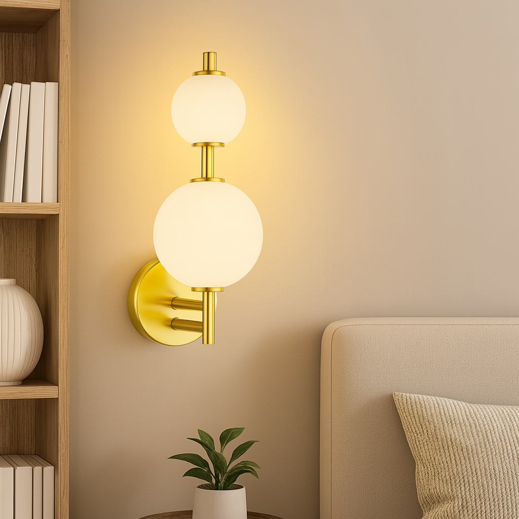 Homes Elite Modern Gold Wall Sconce Light with Dual Frosted Glass Globes Decorative LED Fixture for Bedroom, Living Room, or Hallway