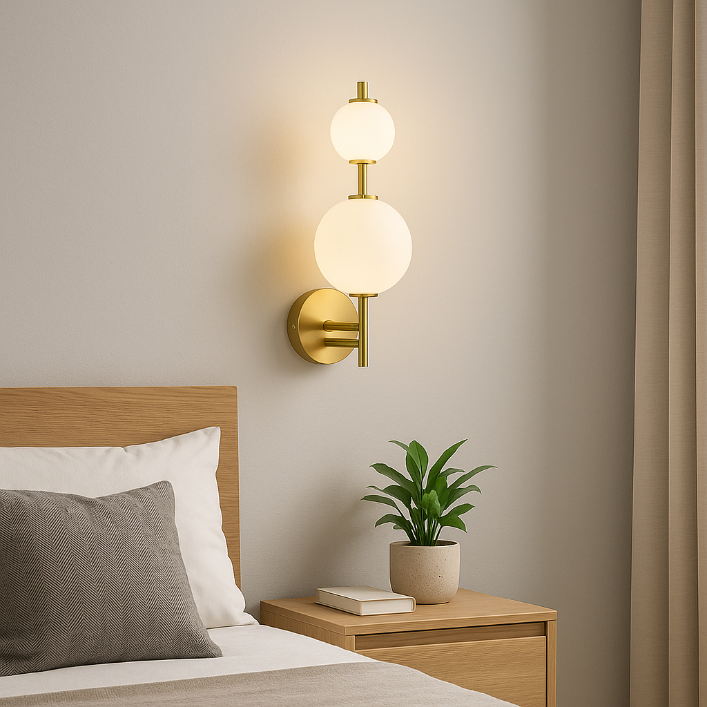 Homes Elite Modern Gold Wall Sconce Light with Dual Frosted Glass Globes Decorative LED Fixture for Bedroom, Living Room, or Hallway