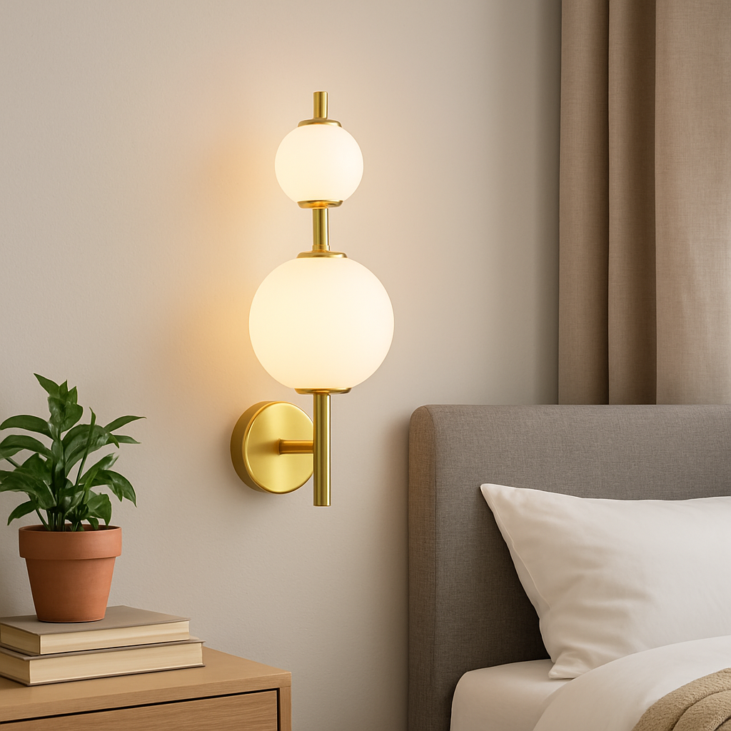 Homes Elite Modern Gold Wall Sconce Light with Dual Frosted Glass Globes Decorative LED Fixture for Bedroom, Living Room, or Hallway