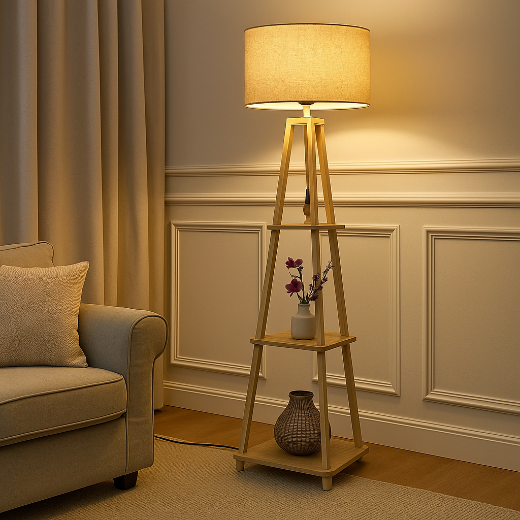 Homes Elite Modern Wooden Floor Lamp with Shelves Multi-Tier Standing Light for Living Room & Bedroom