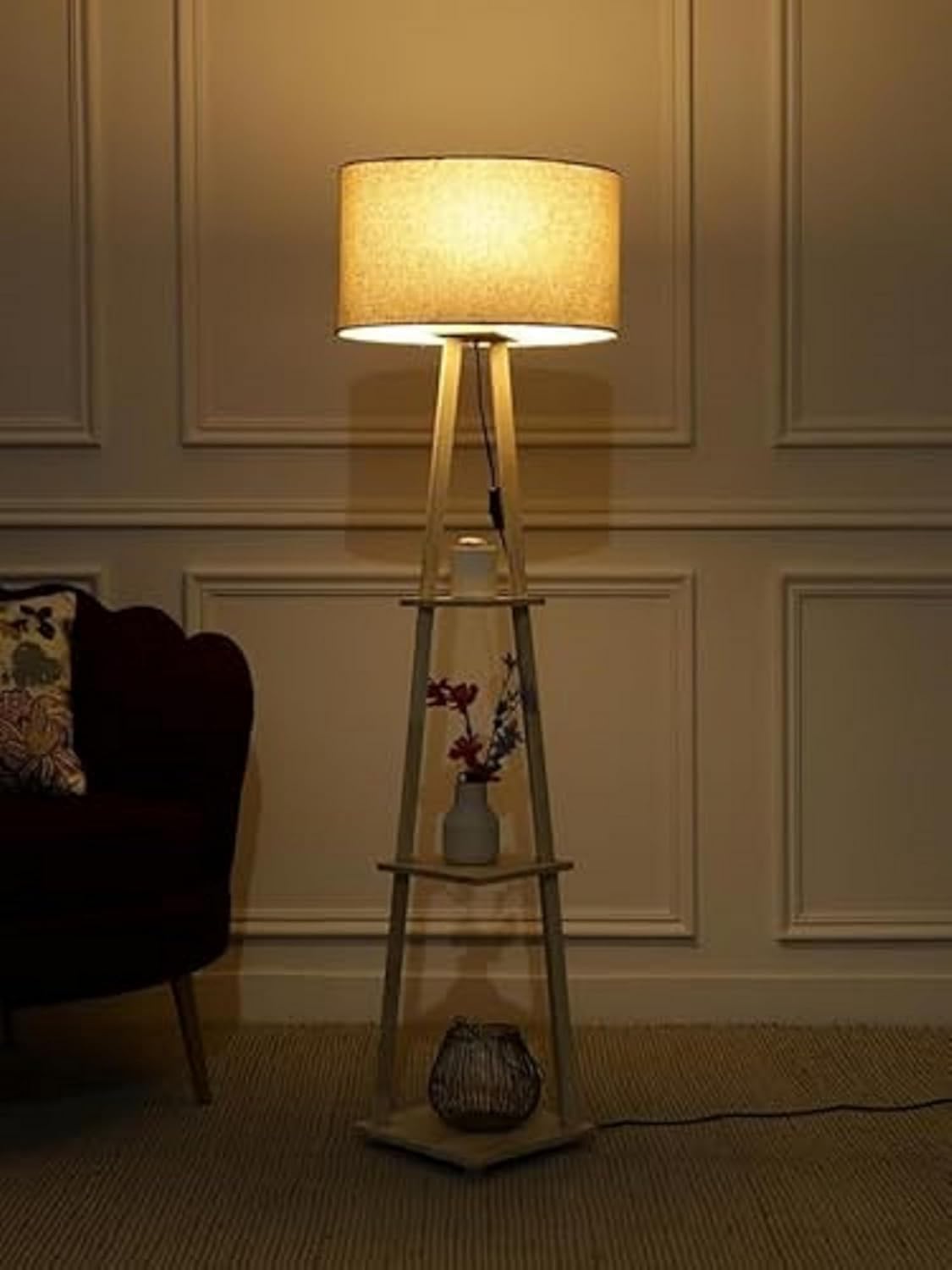 Homes Elite Modern Wooden Floor Lamp with Shelves Multi-Tier Standing Light for Living Room & Bedroom