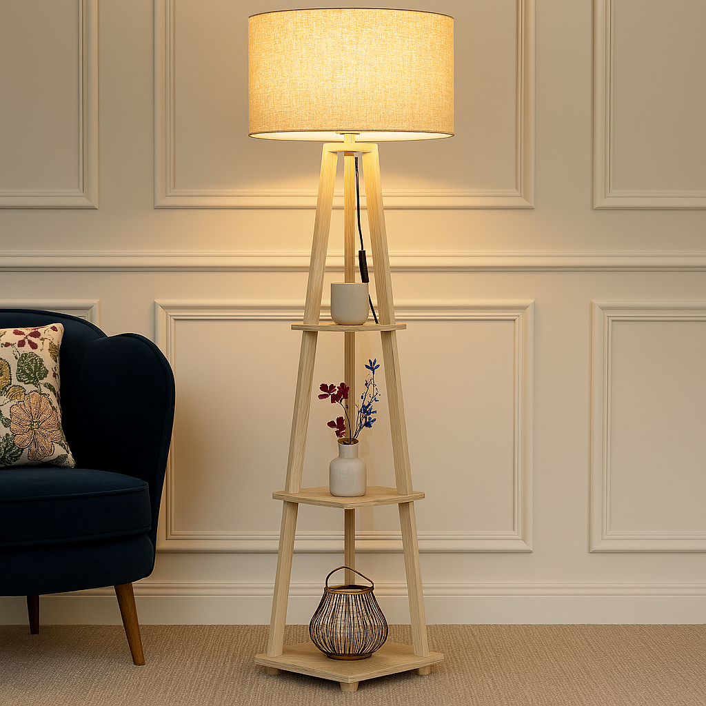 Homes Elite Modern Wooden Floor Lamp with Shelves Multi-Tier Standing Light for Living Room & Bedroom