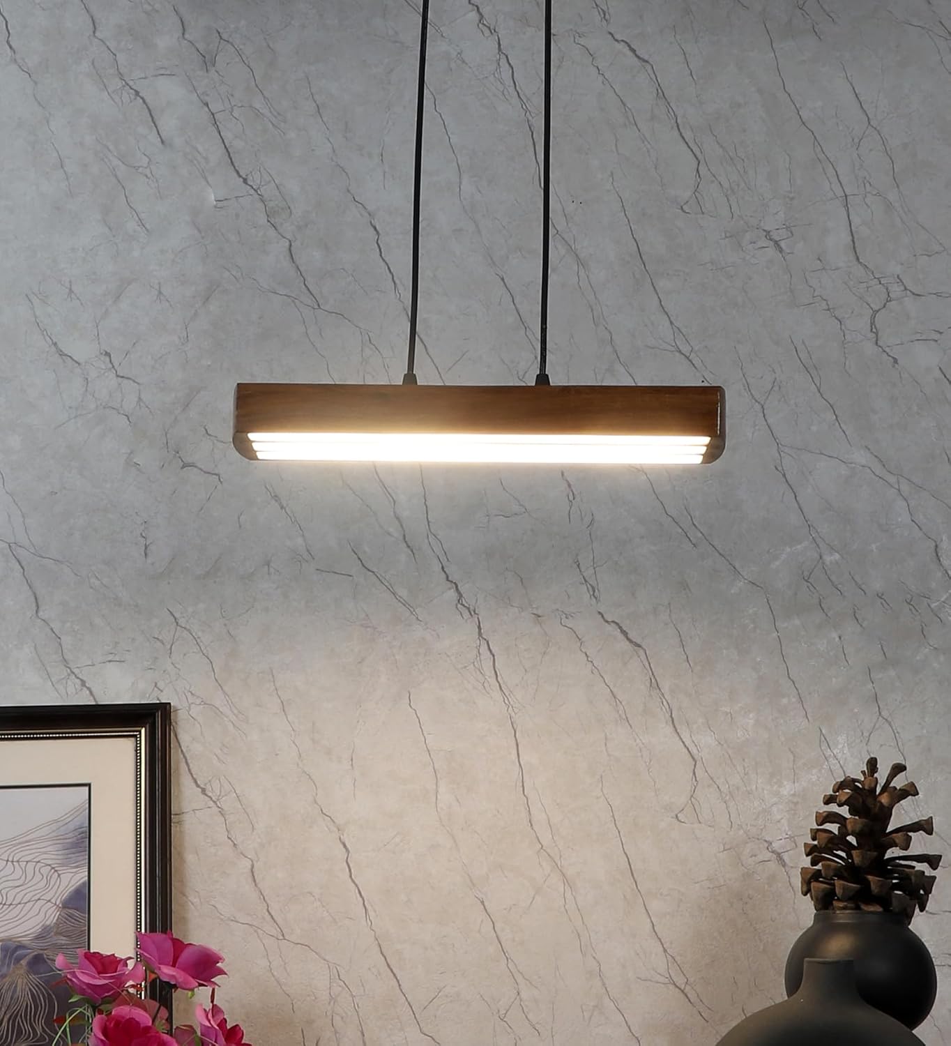 Homes Elite Modern Wooden Linear Pendant Light Minimalist LED Dining Room Fixture