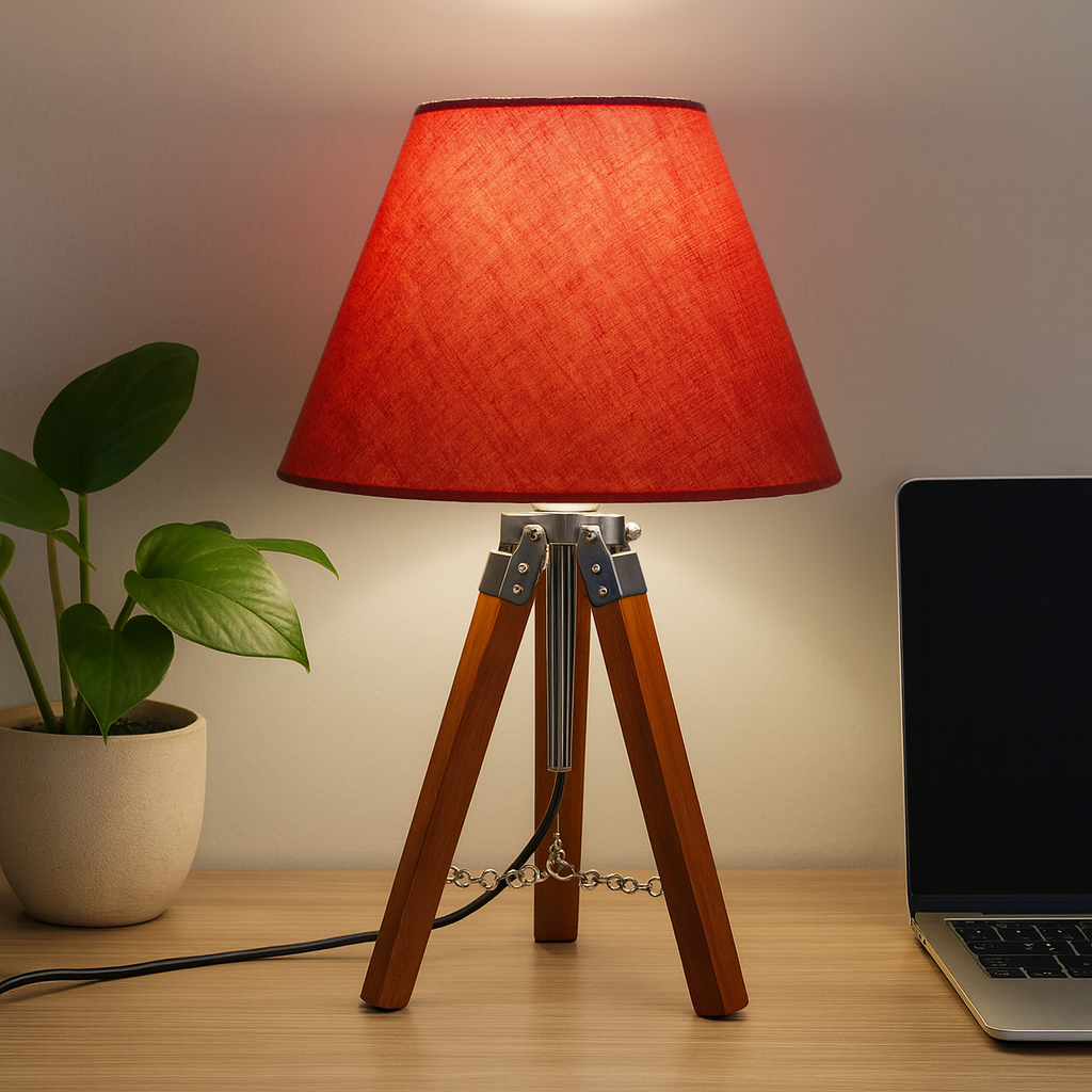 Homes Elite Modern Wooden Tripod Table Lamp with Red Fabric Shade