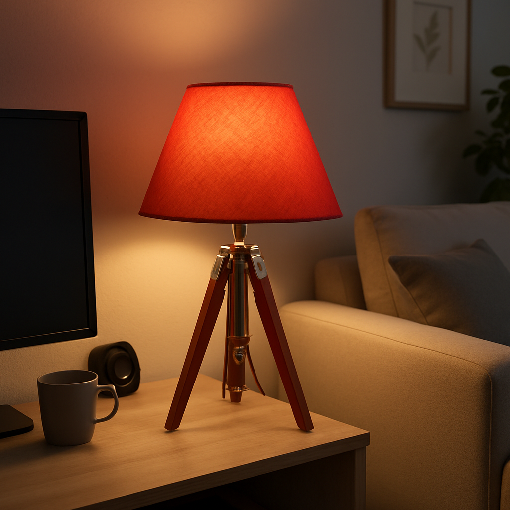 Homes Elite Modern Wooden Tripod Table Lamp with Red Fabric Shade