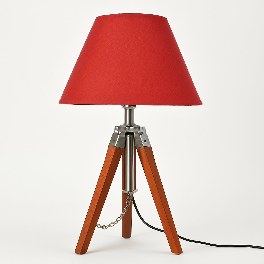 Homes Elite Modern Wooden Tripod Table Lamp with Red Fabric Shade