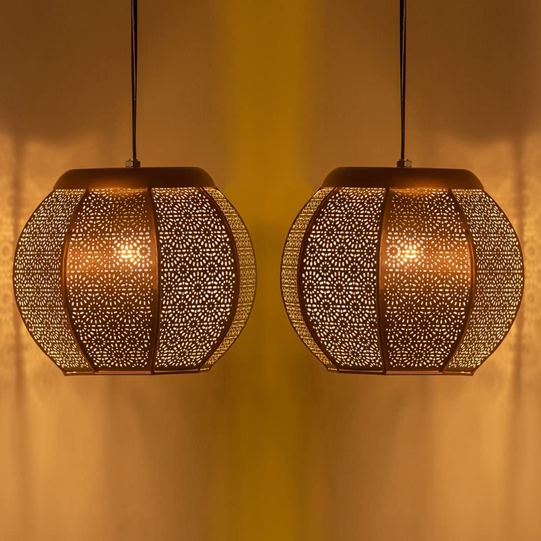 Homes Elite Moroccan Globe Pendant Light Handcrafted Perforated Hanging Lamp for Warm, Boho Interiors (Set of 2)