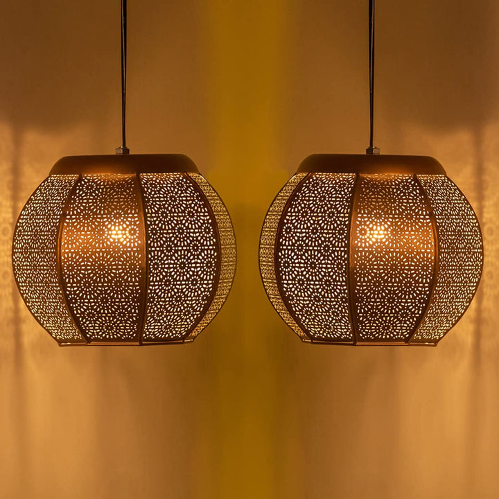 Homes Elite Moroccan Globe Pendant Light Handcrafted Perforated Hanging Lamp for Warm, Boho Interiors (Set of 2)