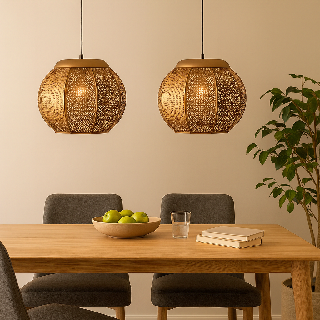 Homes Elite Moroccan Globe Pendant Light Handcrafted Perforated Hanging Lamp for Warm, Boho Interiors (Set of 2)