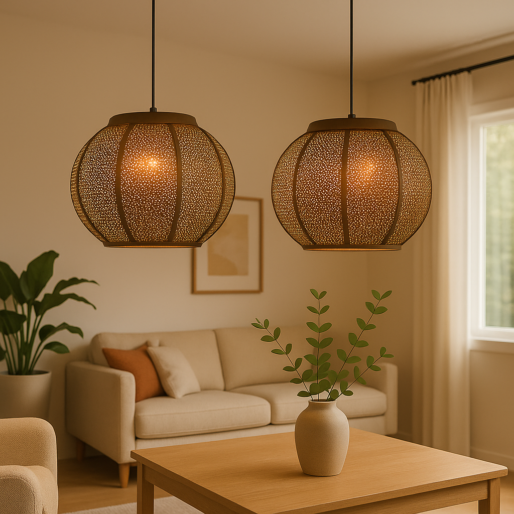 Homes Elite Moroccan Globe Pendant Light Handcrafted Perforated Hanging Lamp for Warm, Boho Interiors (Set of 2)