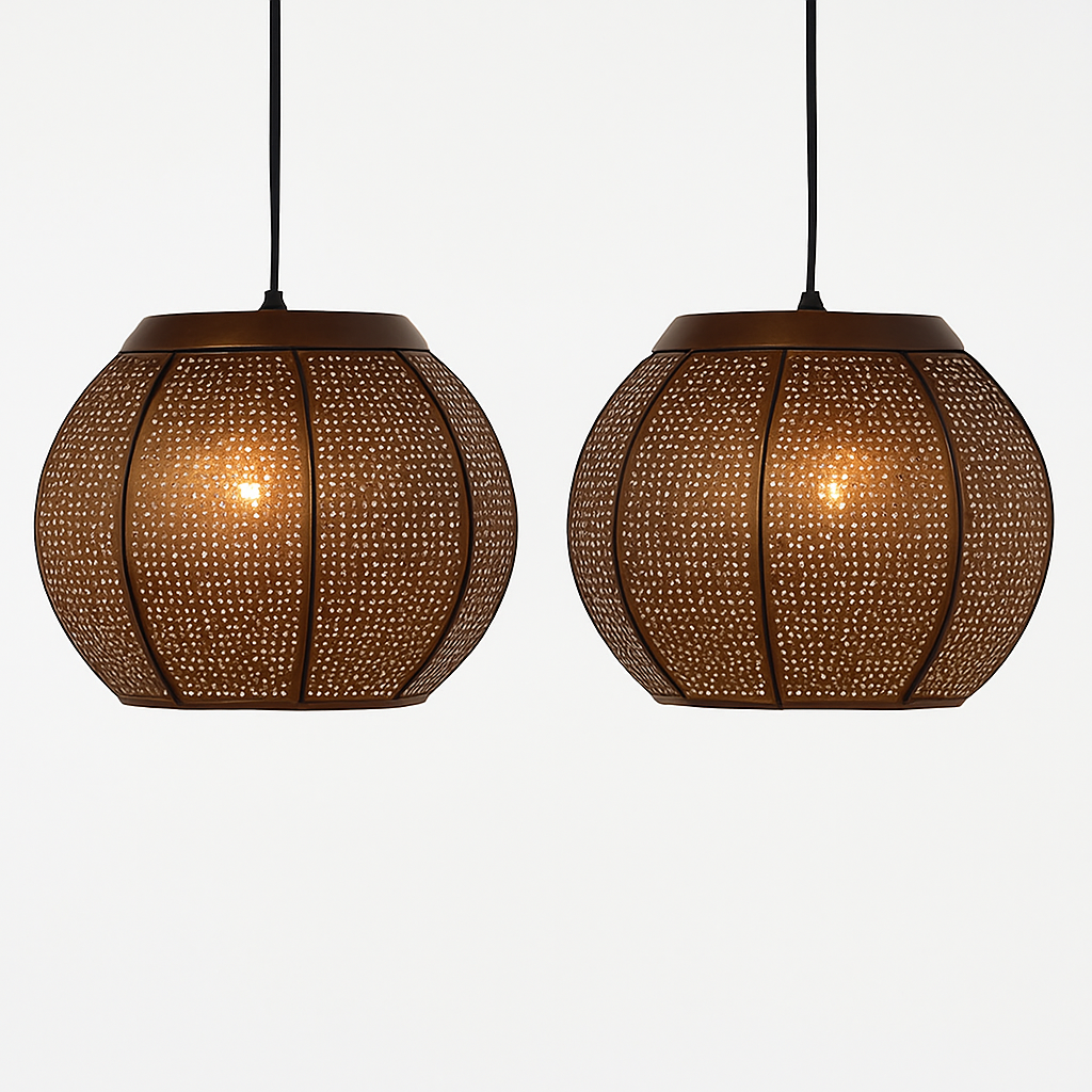 Homes Elite Moroccan Globe Pendant Light Handcrafted Perforated Hanging Lamp for Warm, Boho Interiors (Set of 2)