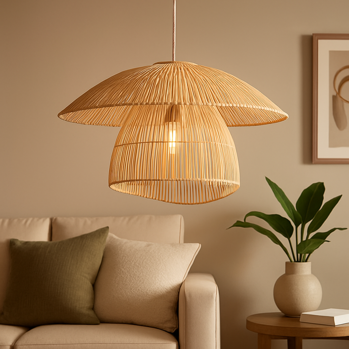 Homes Elite Boho Rattan Mushroom Pendant Light Handmade Woven Bamboo Ceiling Lamp for Living Room or Bedroom