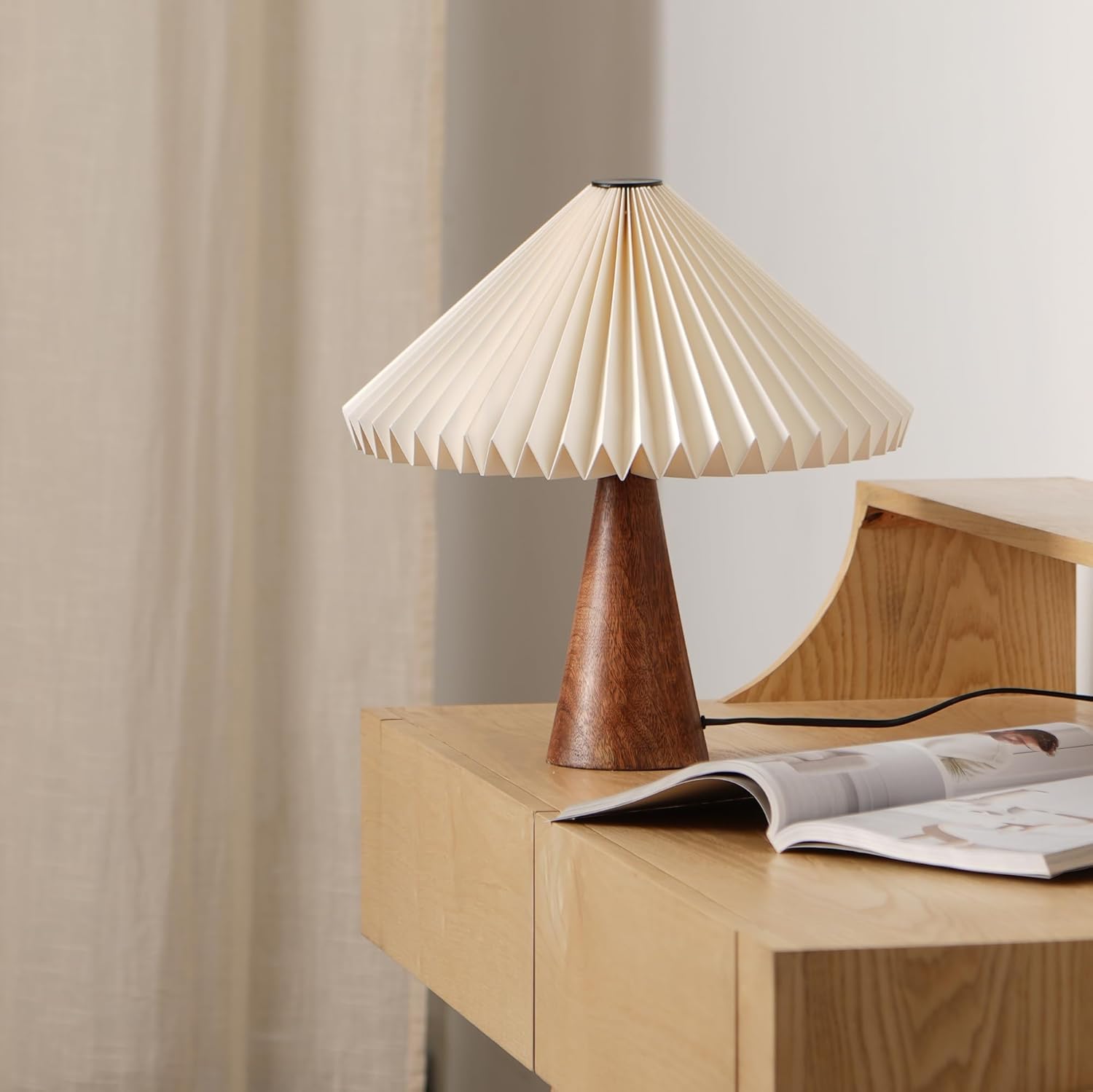 Homes Elite Scandinavian Pleated Shade Table Lamp Wooden Cone Base | Minimalist Desk Light