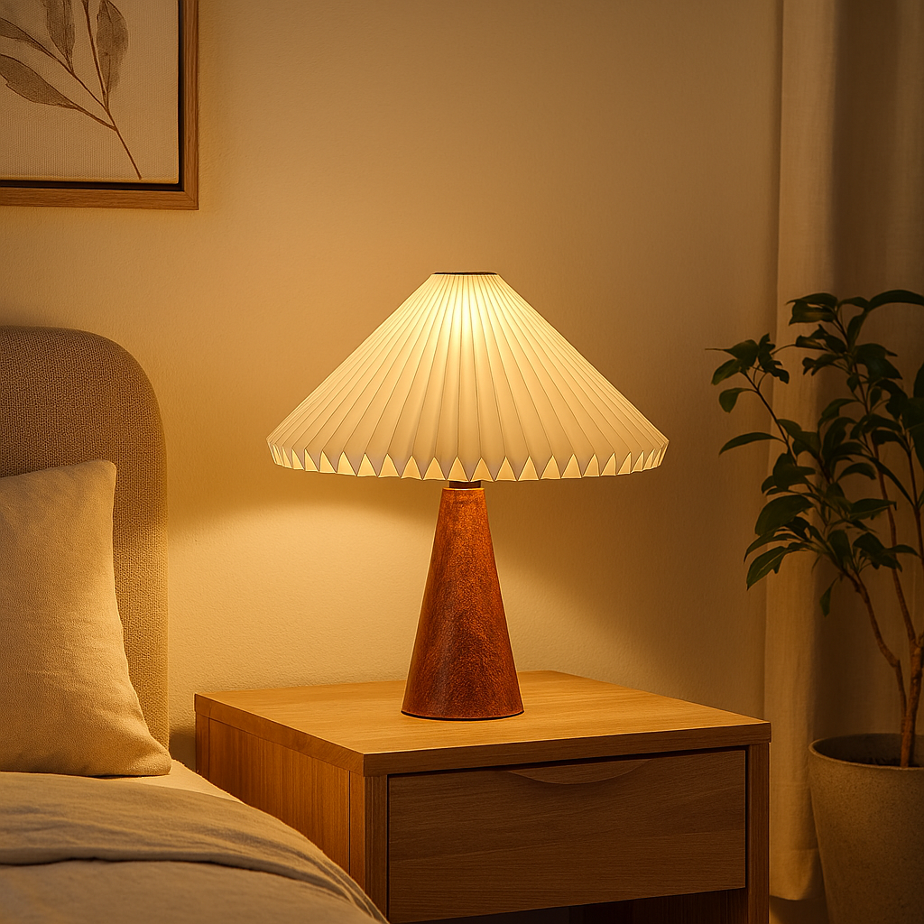 Homes Elite Scandinavian Pleated Shade Table Lamp Wooden Cone Base | Minimalist Desk Light