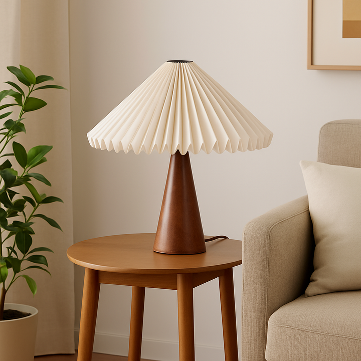 Homes Elite Scandinavian Pleated Shade Table Lamp Wooden Cone Base | Minimalist Desk Light