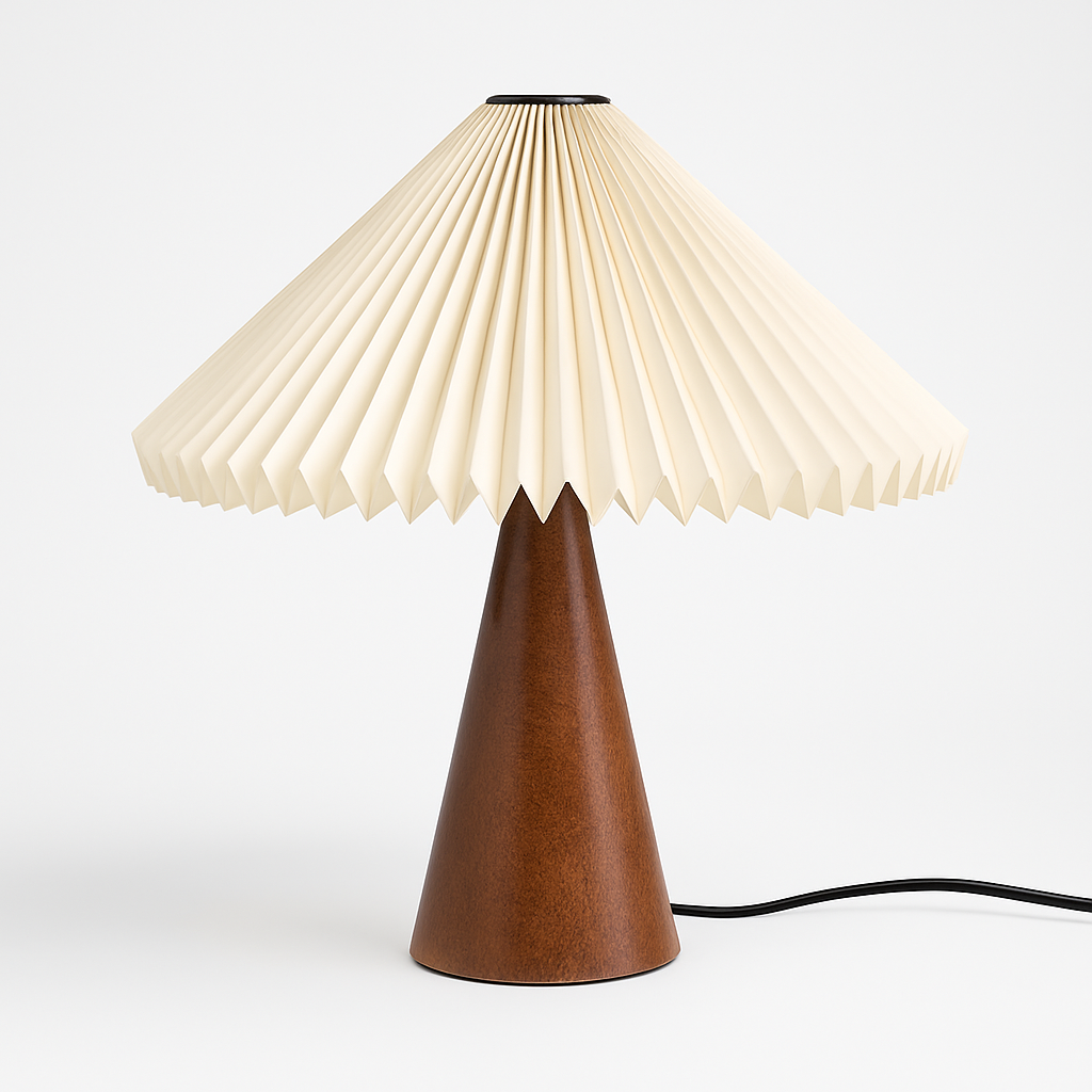 Homes Elite Scandinavian Pleated Shade Table Lamp Wooden Cone Base | Minimalist Desk Light
