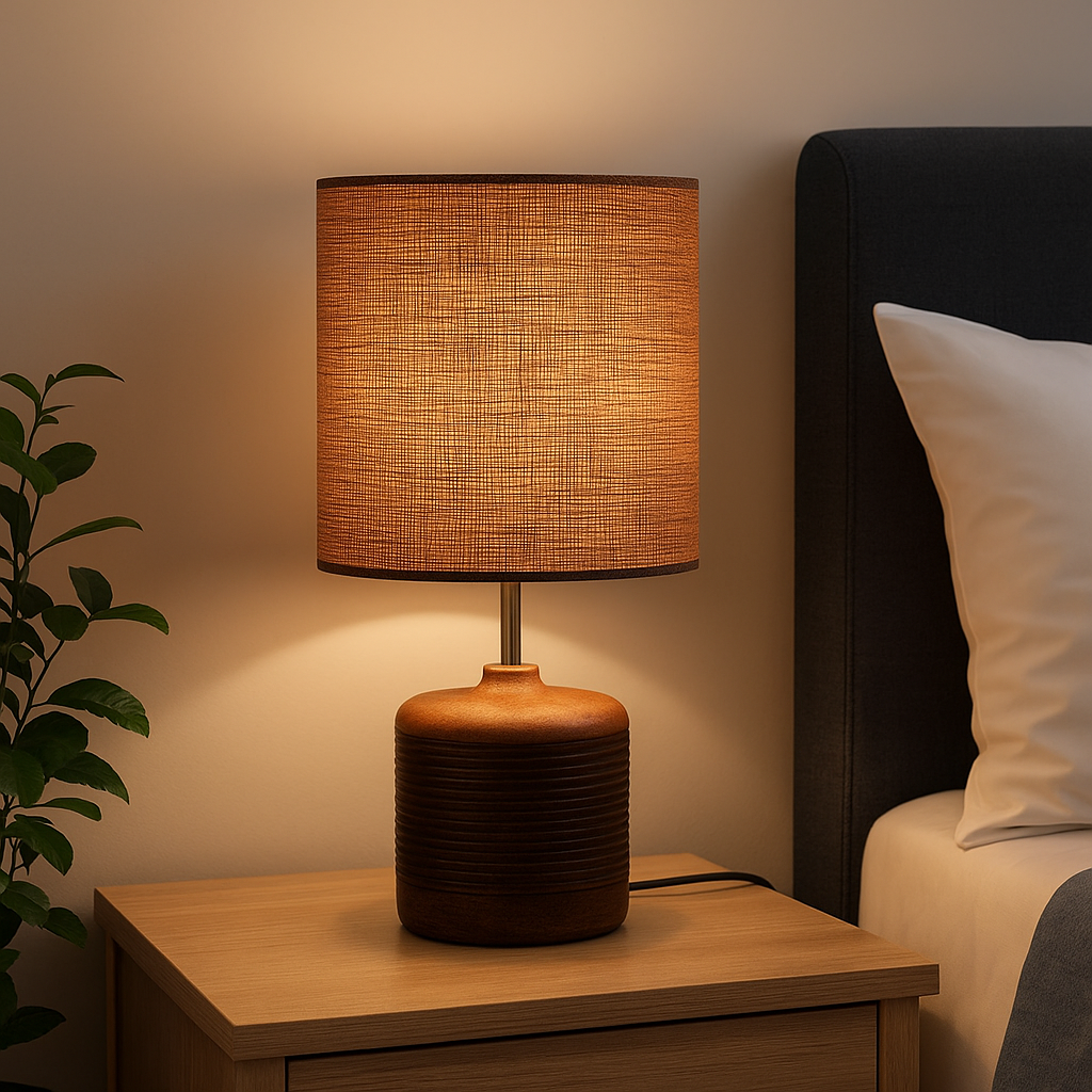 Homes Elite Rustic Textured Table Lamp with Cylindrical Fabric Shade Warm Ambient Lighting