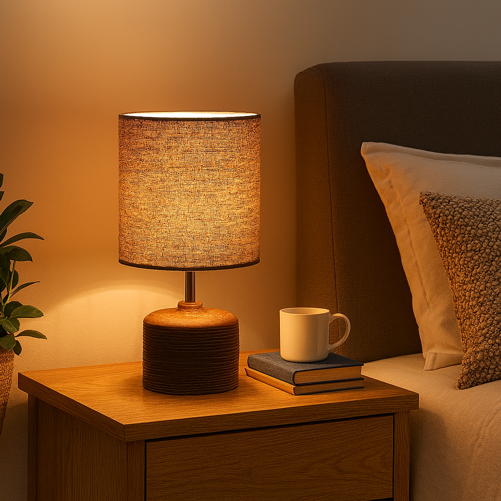 Homes Elite Rustic Textured Table Lamp with Cylindrical Fabric Shade Warm Ambient Lighting