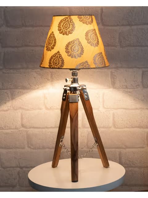 Homes Elite Rustic Tripod Table Lamp Wooden Base with Handcrafted Block Print Shade for Cozy Home Décor