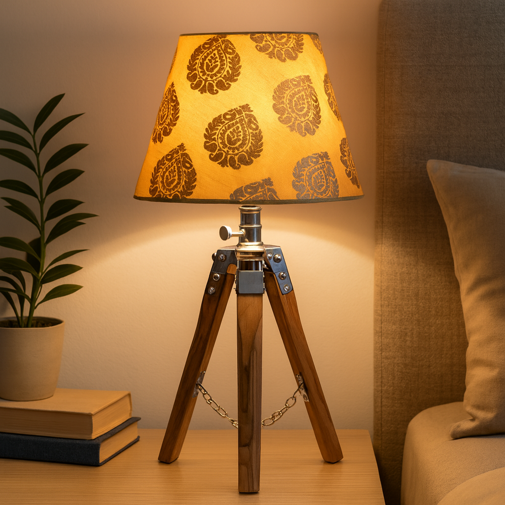 Homes Elite Rustic Tripod Table Lamp Wooden Base with Handcrafted Block Print Shade for Cozy Home Décor
