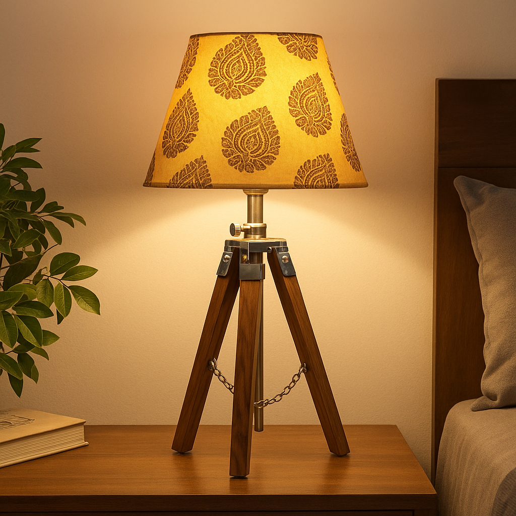 Homes Elite Rustic Tripod Table Lamp Wooden Base with Handcrafted Block Print Shade for Cozy Home Décor
