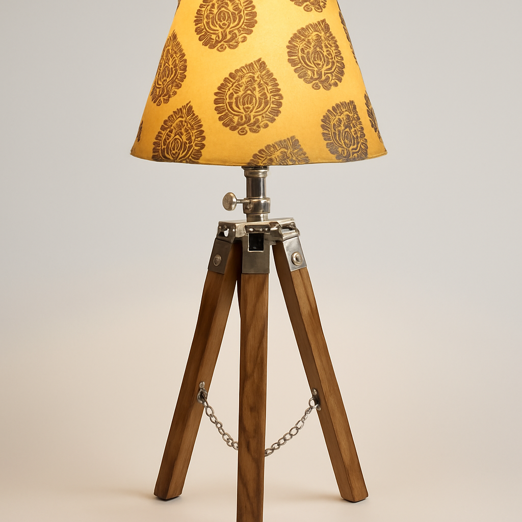 Homes Elite Rustic Tripod Table Lamp Wooden Base with Handcrafted Block Print Shade for Cozy Home Décor