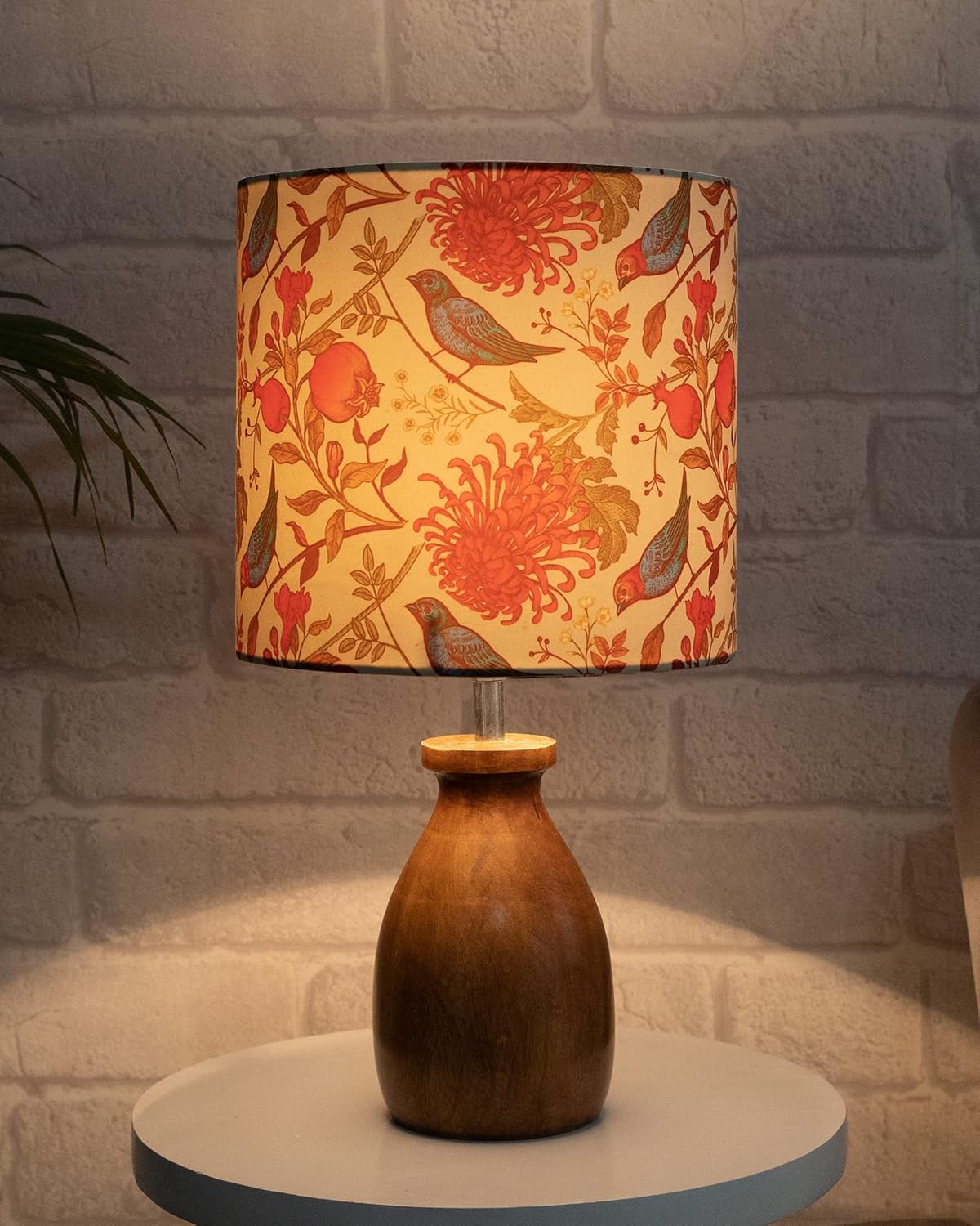 Homes Elite Rustic Wooden Table Lamp with Bird & Floral Print Shade Warm Boho Bedroom & Living Room Lighting
