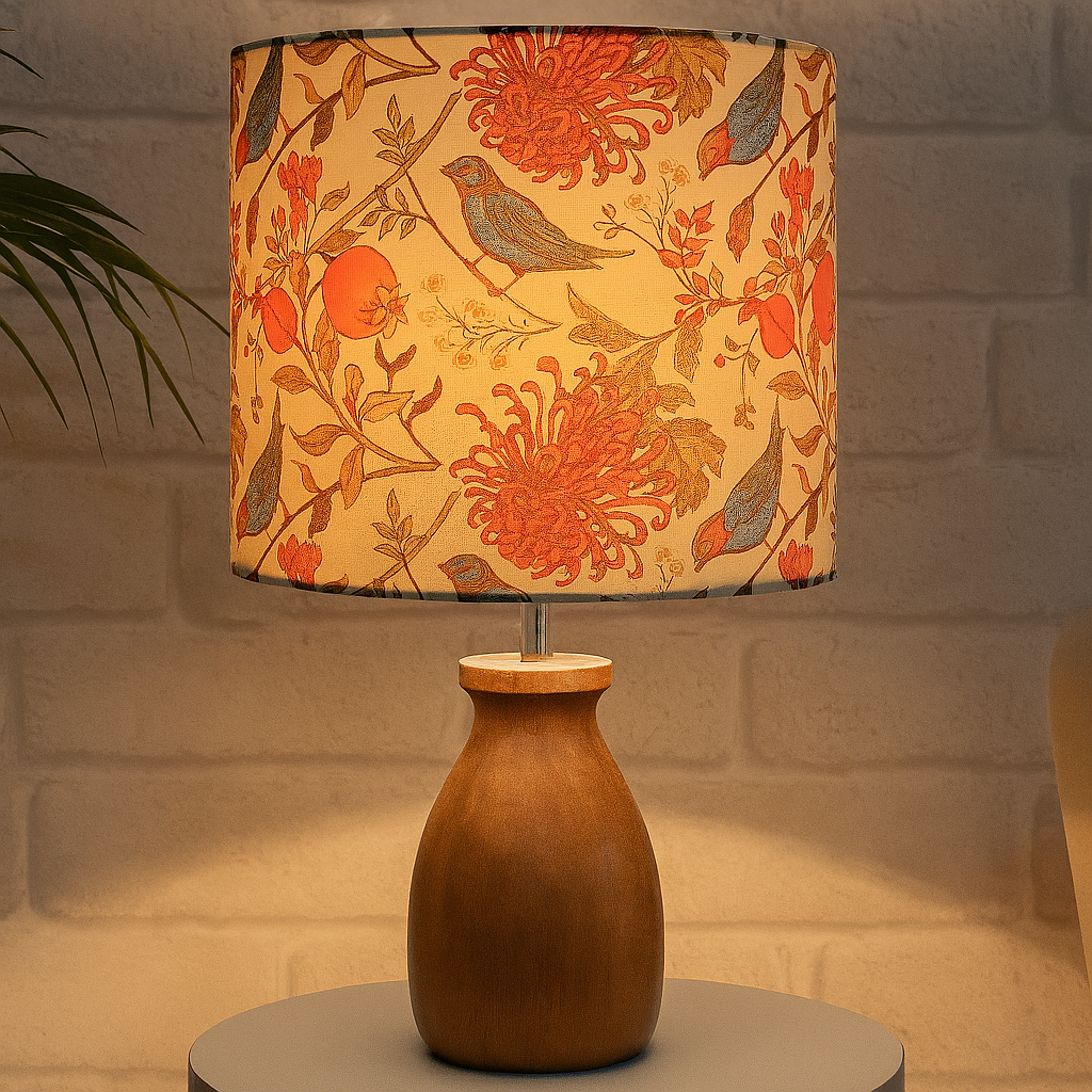 Homes Elite Rustic Wooden Table Lamp with Bird & Floral Print Shade Warm Boho Bedroom & Living Room Lighting