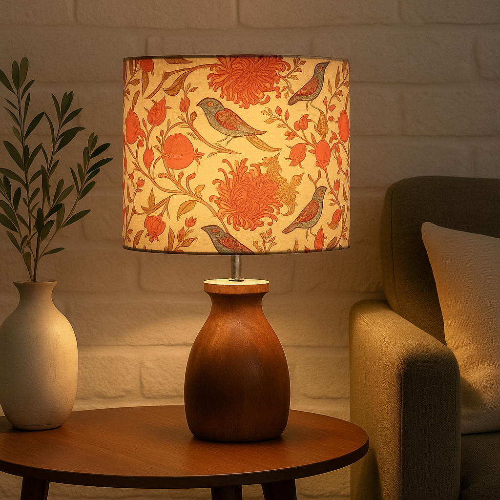 Homes Elite Rustic Wooden Table Lamp with Bird & Floral Print Shade Warm Boho Bedroom & Living Room Lighting