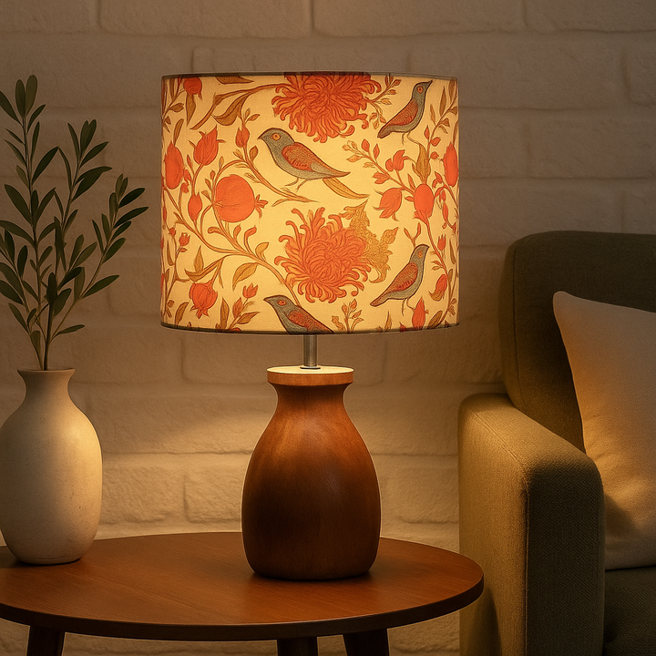Homes Elite Rustic Wooden Table Lamp with Bird & Floral Print Shade Warm Boho Bedroom & Living Room Lighting