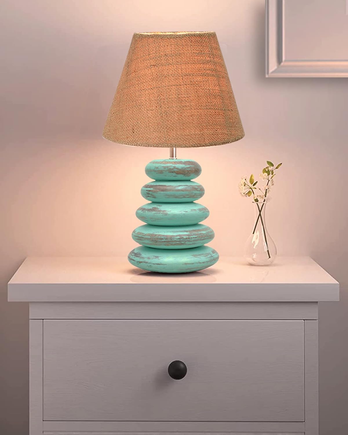 Homes Elite Rustic Stacked Stone Table Lamp Turquoise Base with Burlap Shade for Cozy Bedroom Décor
