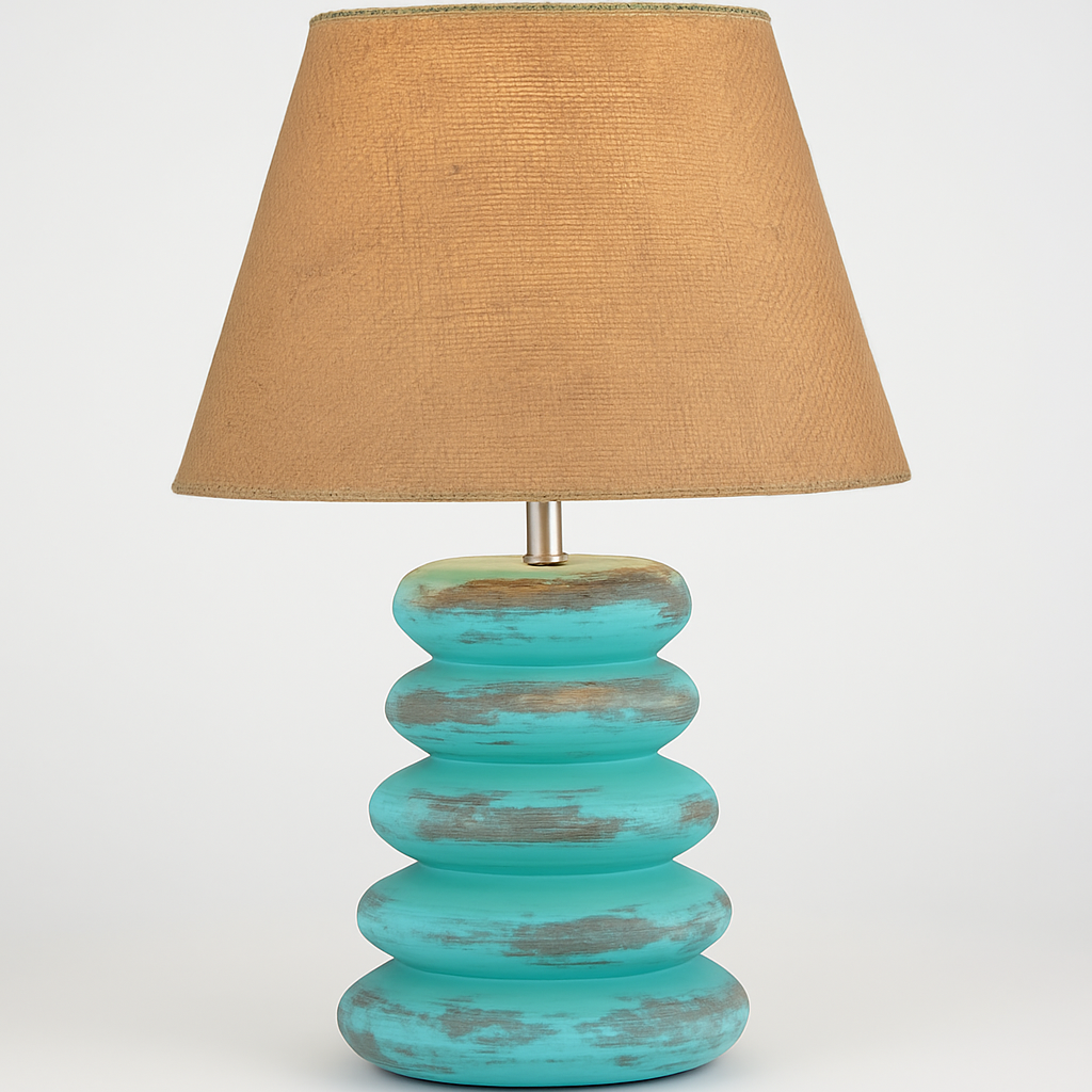 Homes Elite Rustic Stacked Stone Table Lamp Turquoise Base with Burlap Shade for Cozy Bedroom Décor